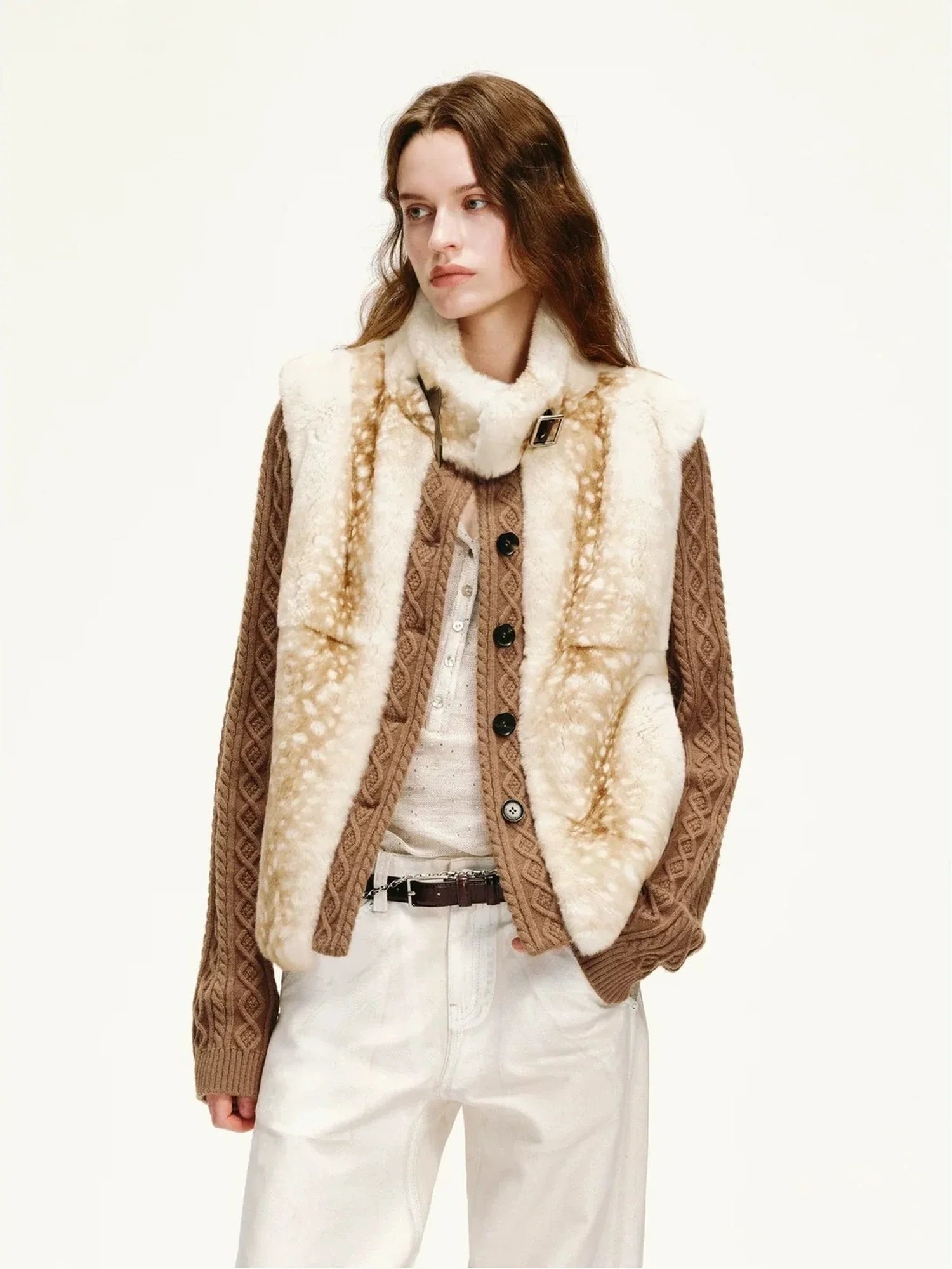 Firelady Fur Fawn Reverie fawn pattern rabbit fur jacket half body view