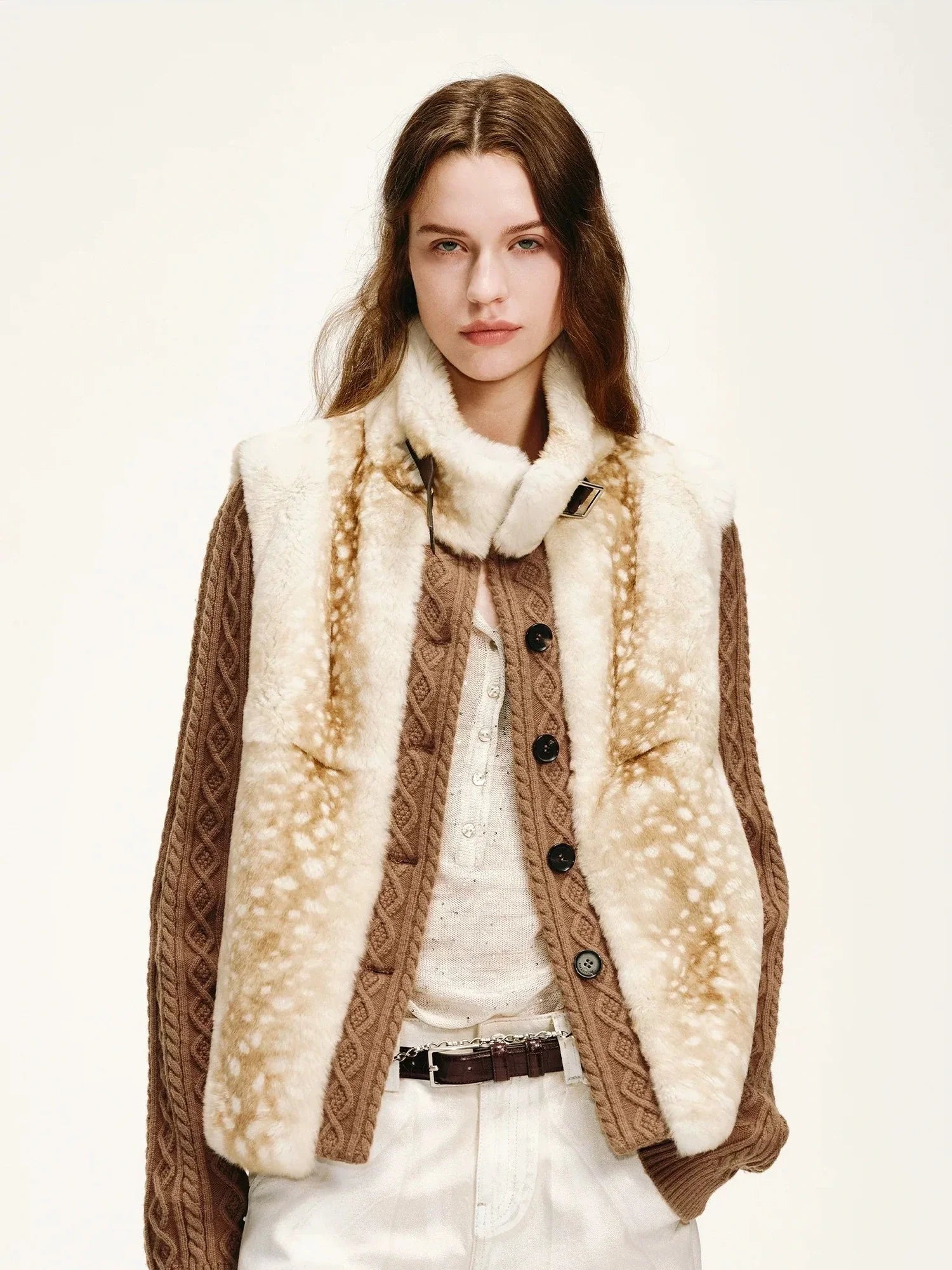 Close view of Firelady Fur Fawn Reverie Fawn Pattern rabbit fur and cable knit sleeve texture