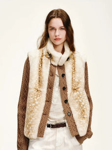 Close view of Firelady Fur Fawn Reverie Fawn Pattern rabbit fur and cable knit sleeve texture