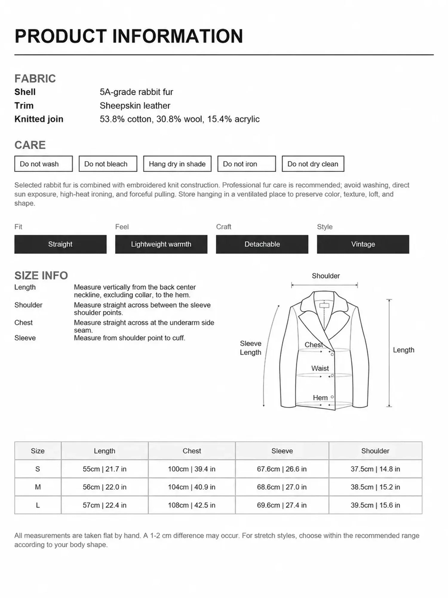 Firelady Fur Fawn Reverie rabbit fur jacket size chart and fabric care