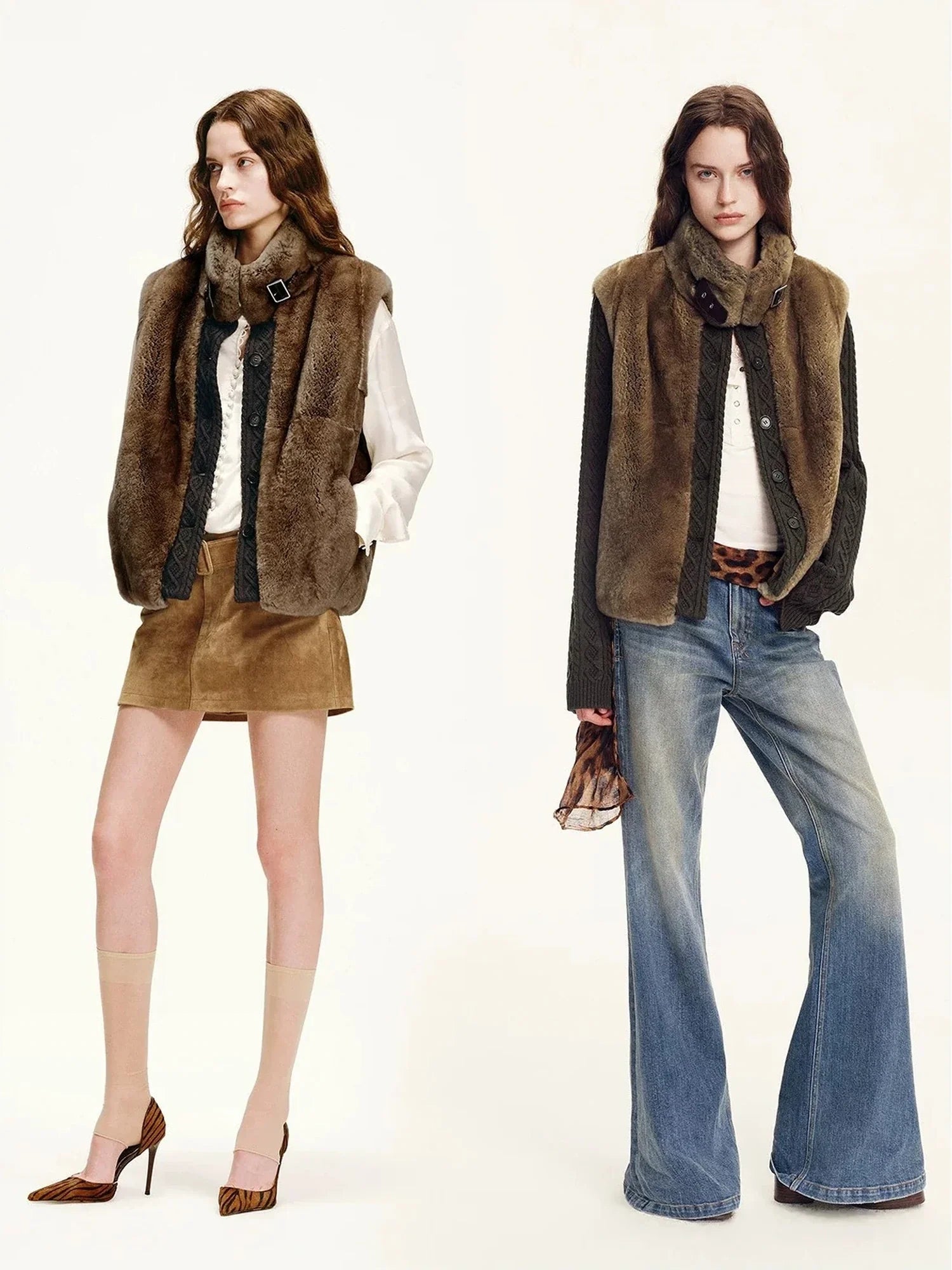 Firelady Fur Fawn Reverie removable sleeve rabbit fur jacket in Fawn Pattern and Tawny Brown