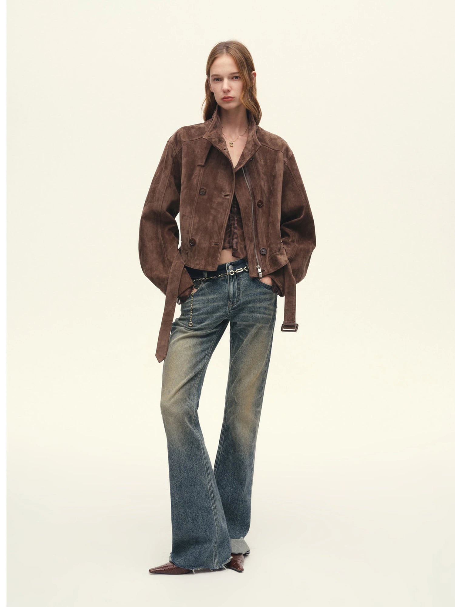 Full body view of Firelady Fur Red Brown imported suede goatskin cropped jacket