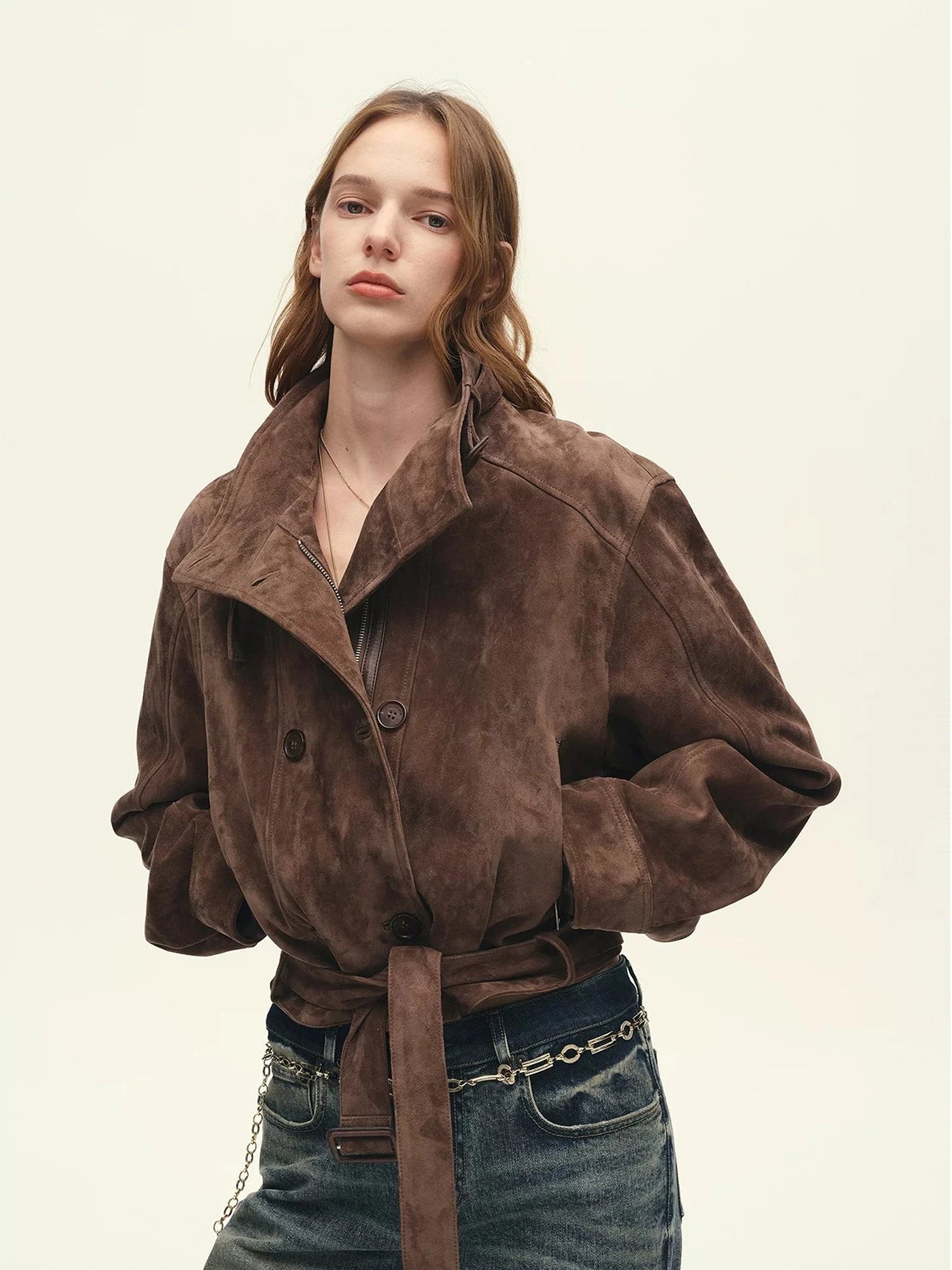 Firelady Fur women's Red Brown Mali suede goatskin cropped moto jacket front view