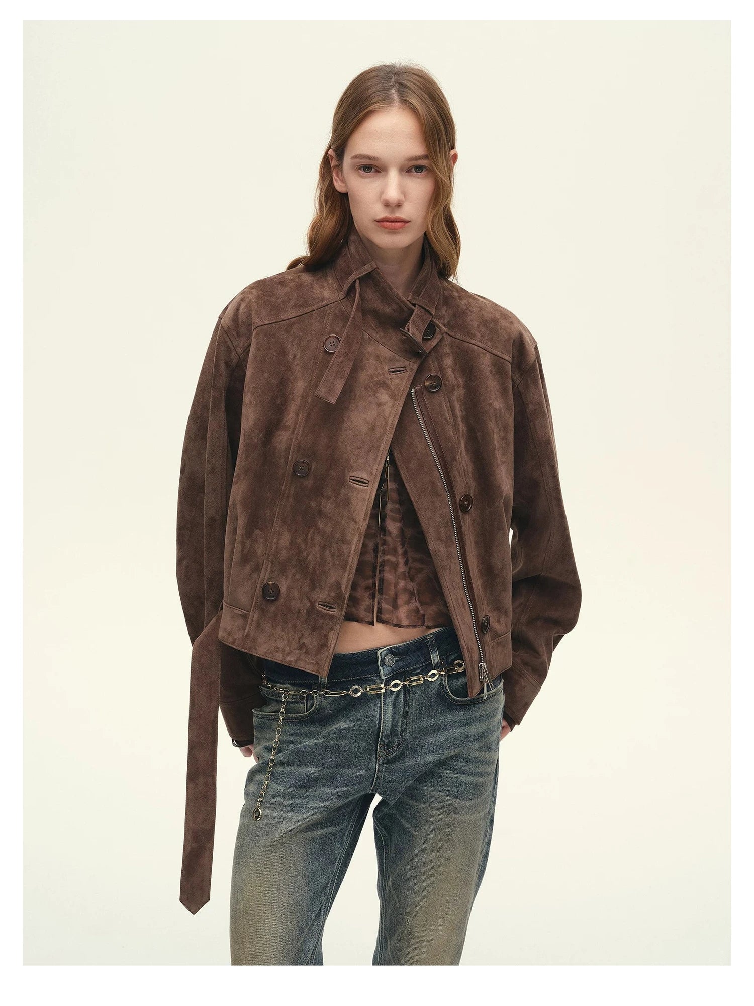 Close-up of Firelady Fur Red Brown suede cropped moto jacket collar zipper and buttons