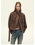 Close-up of Firelady Fur Red Brown suede cropped moto jacket collar zipper and buttons