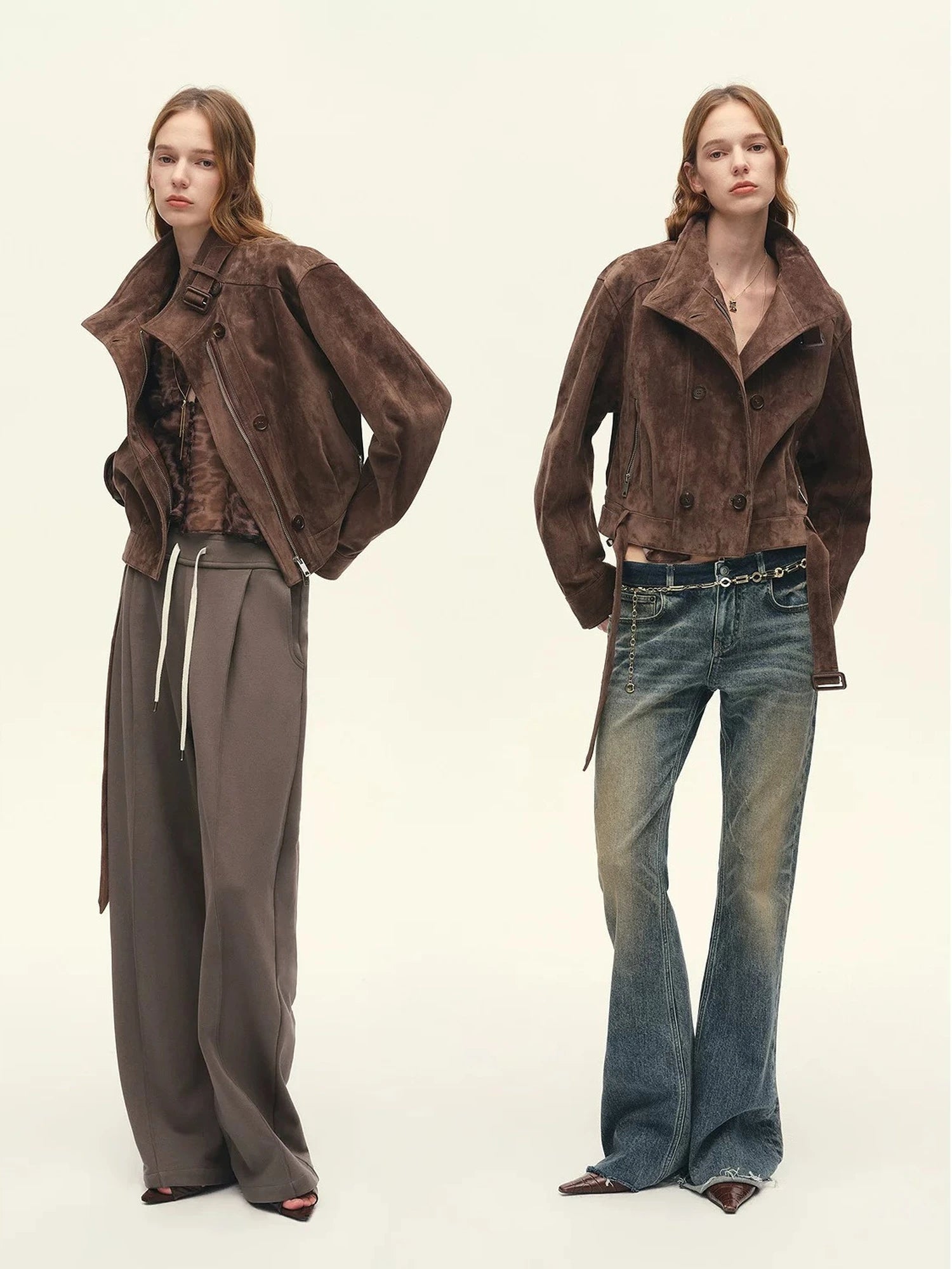 Styling view of Firelady Fur Red Brown suede goatskin cropped moto jacket for women
