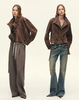 Styling view of Firelady Fur Red Brown suede goatskin cropped moto jacket for women