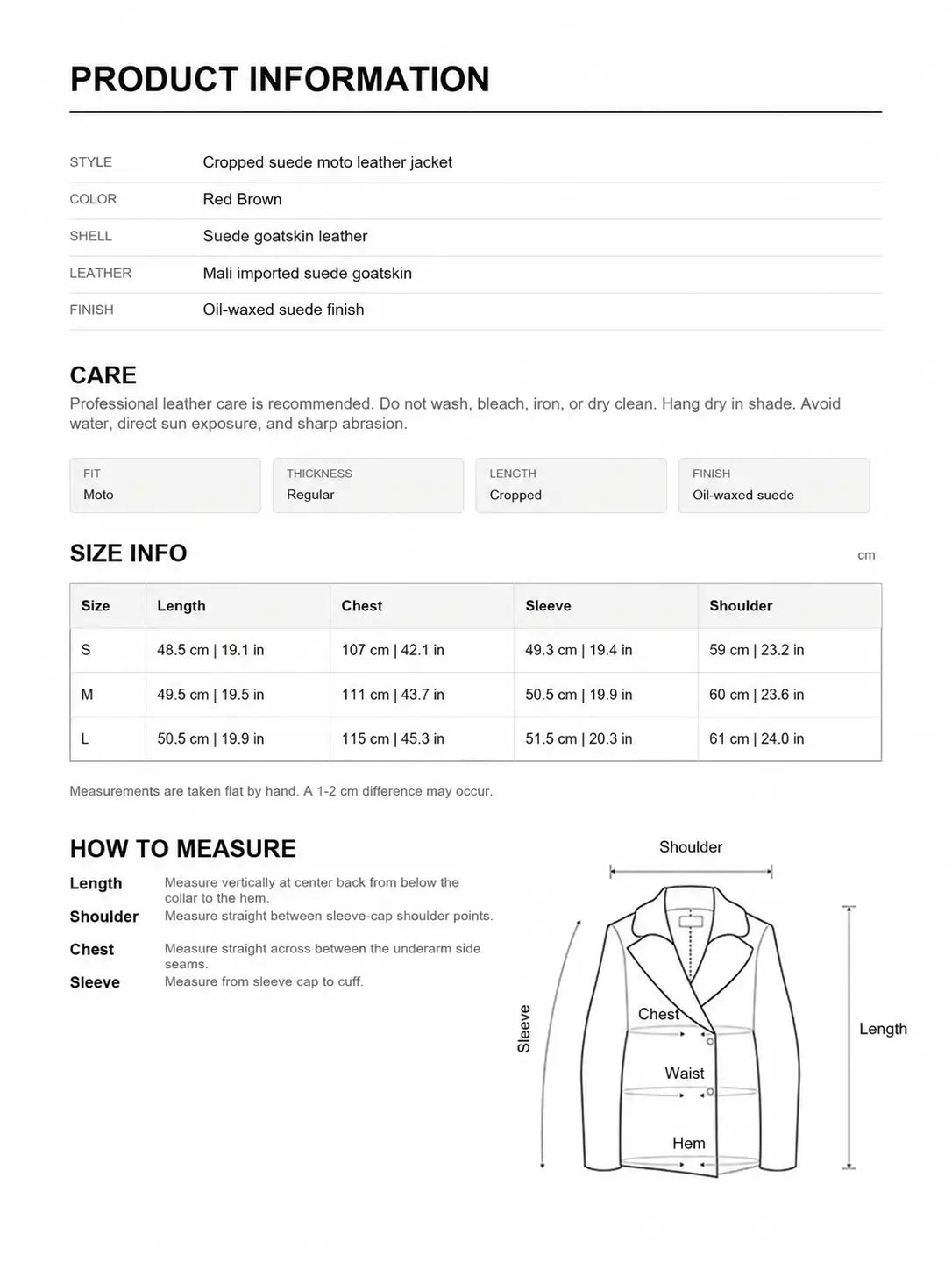 Product information and size chart for Firelady Fur Red Brown Mali suede goatskin cropped moto jacket