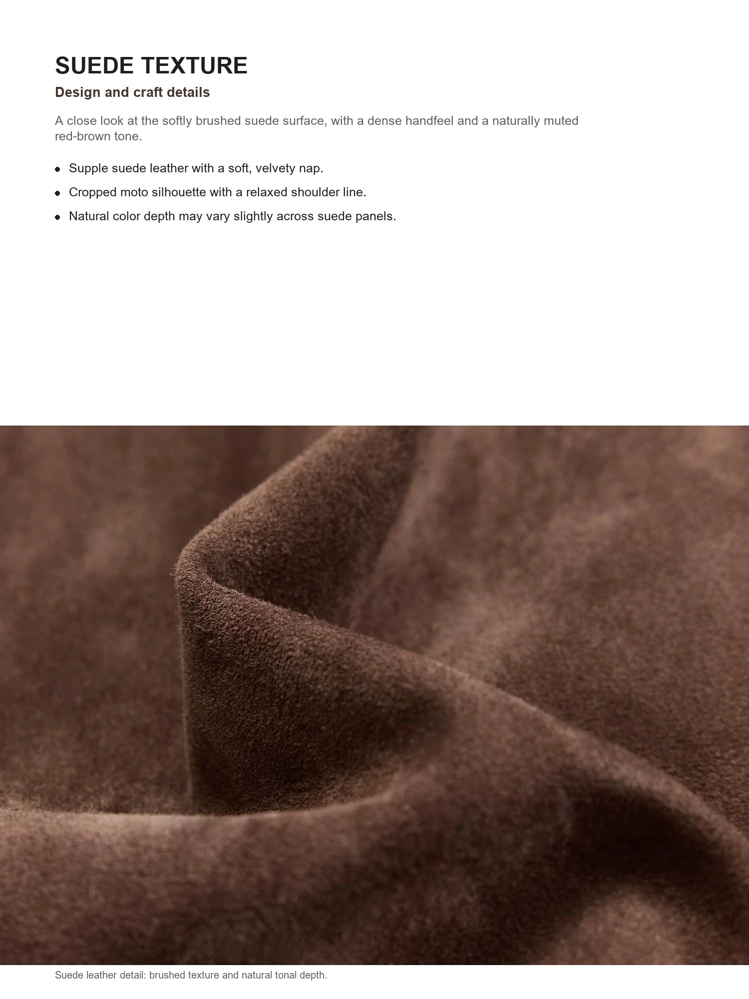Red Brown suede goatskin texture detail for Firelady Fur Heartbeat Radio cropped moto jacket