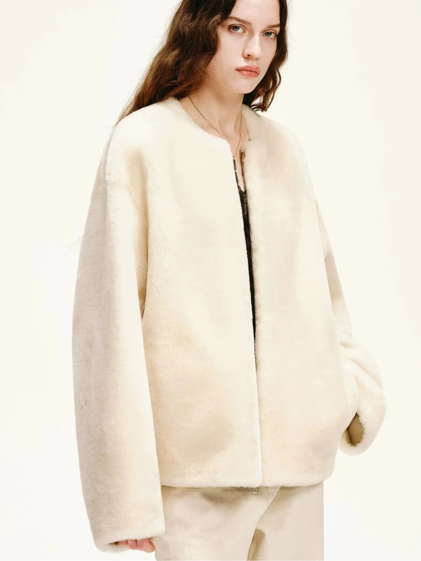 Ivory Merino shearling jacket three quarter model view