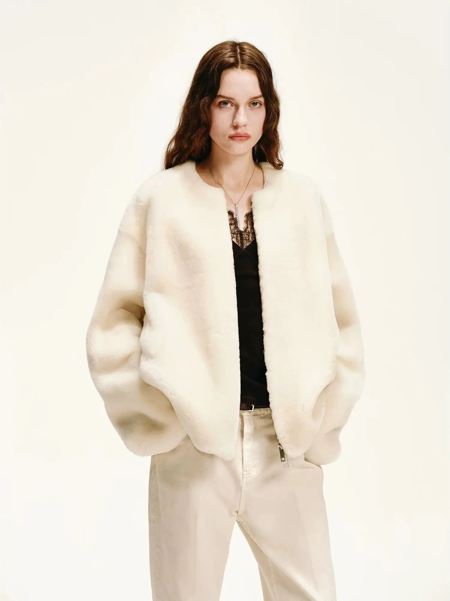 Ivory Merino shearling wool texture close up