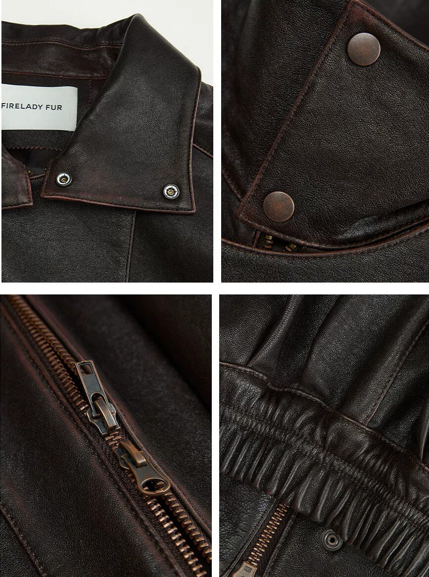 Firelady Fur Lambskin Leather Jacket – Vintage Vegetable - Tanned Funnel Neck "New York Twilight"Firelady Fur