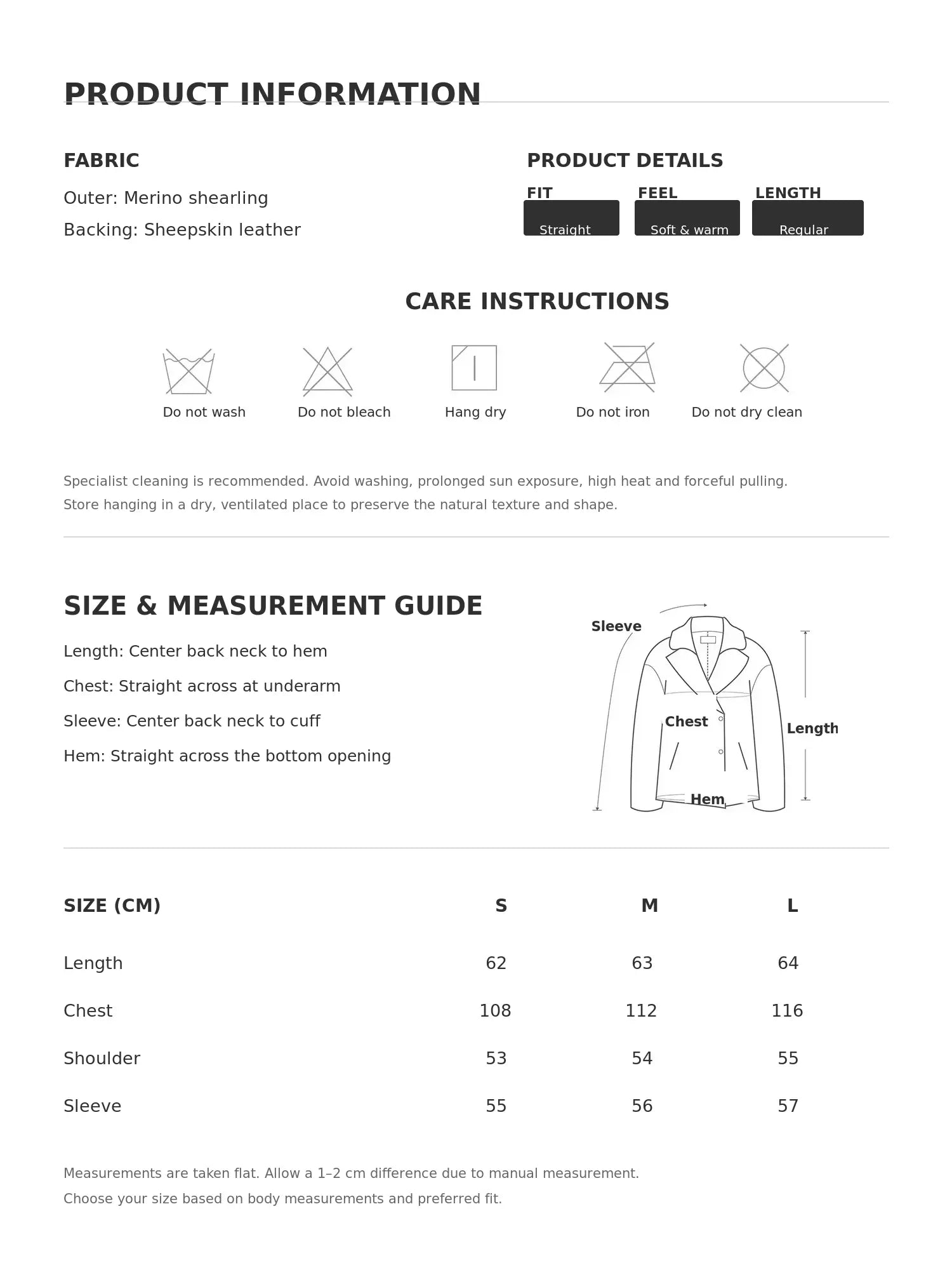 Merino shearling jacket size chart and product information