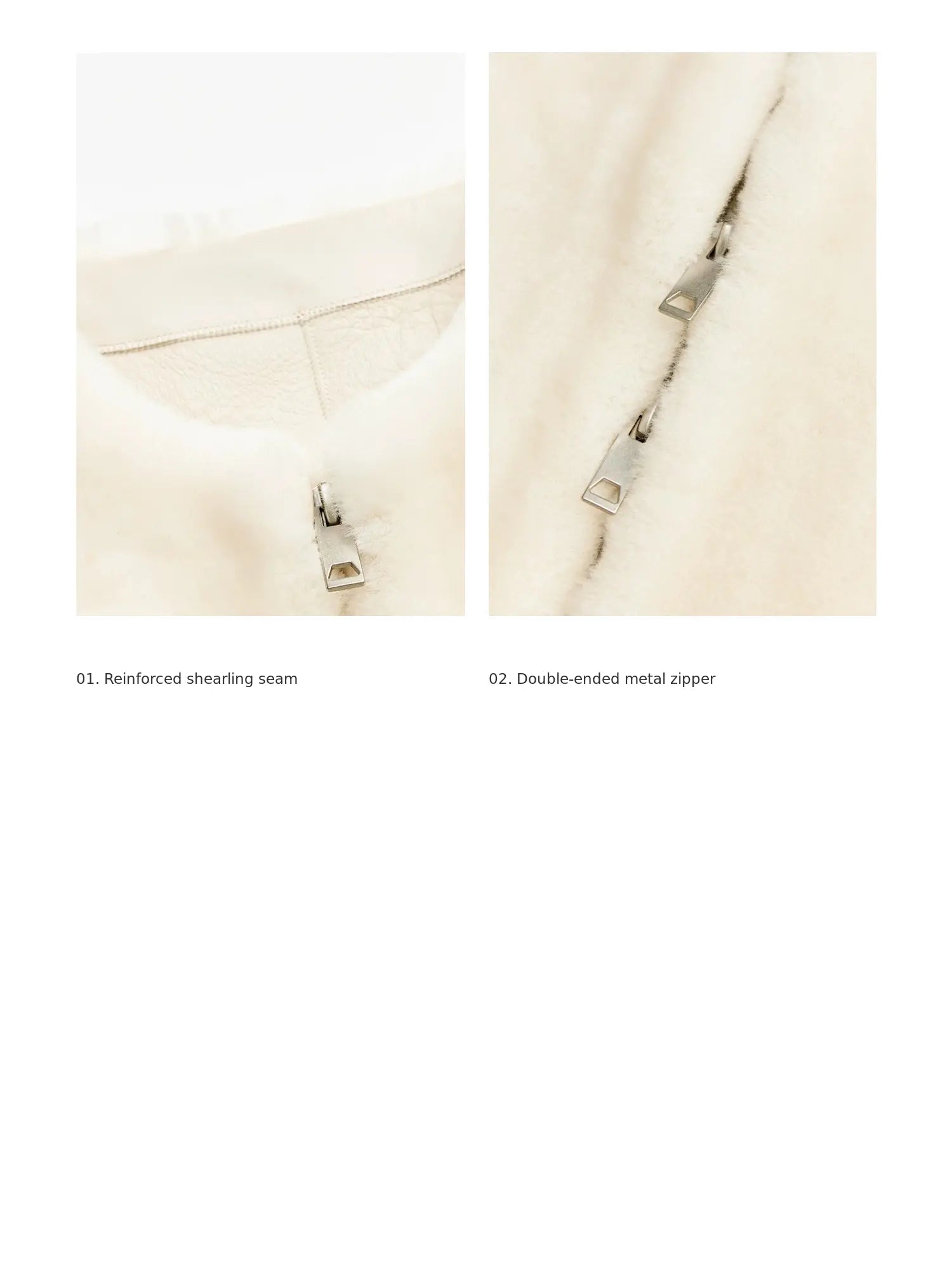 Merino shearling jacket zipper and seam construction details