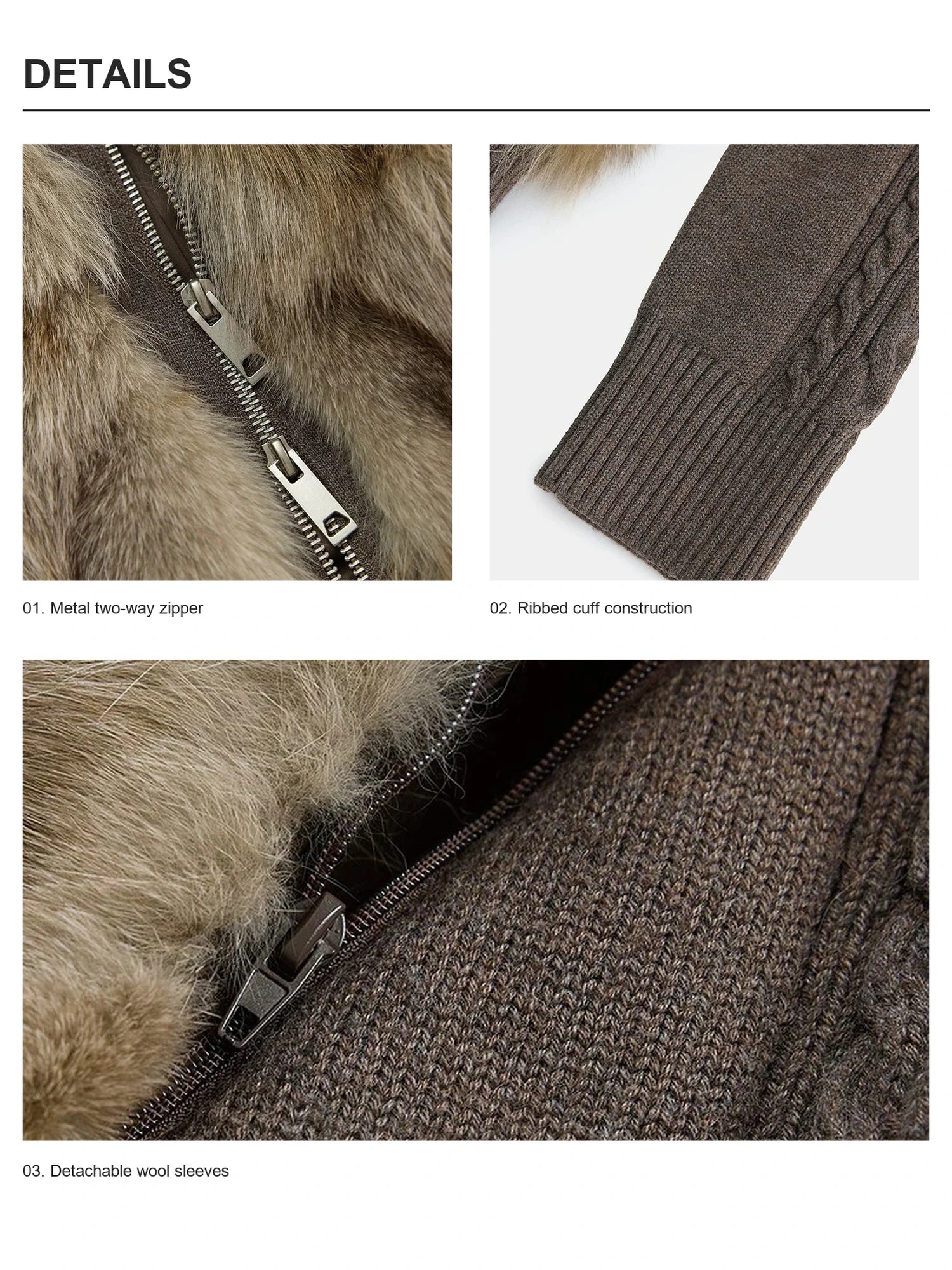 Detail view of Saga fox fur jacket two-way zipper ribbed cuffs and detachable wool sleeves