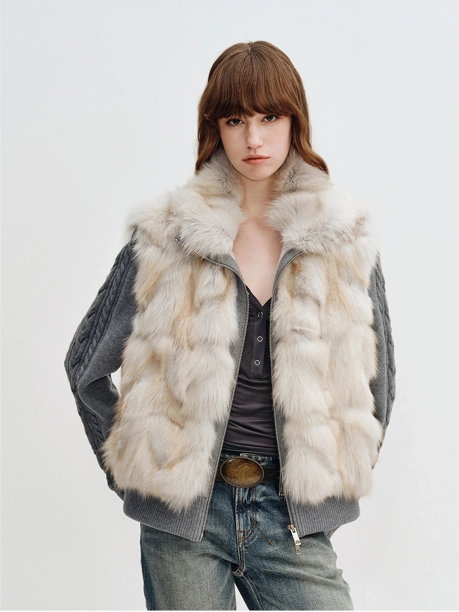 Light Gray Gold Saga fox fur jacket with removable wool-knit sleeves