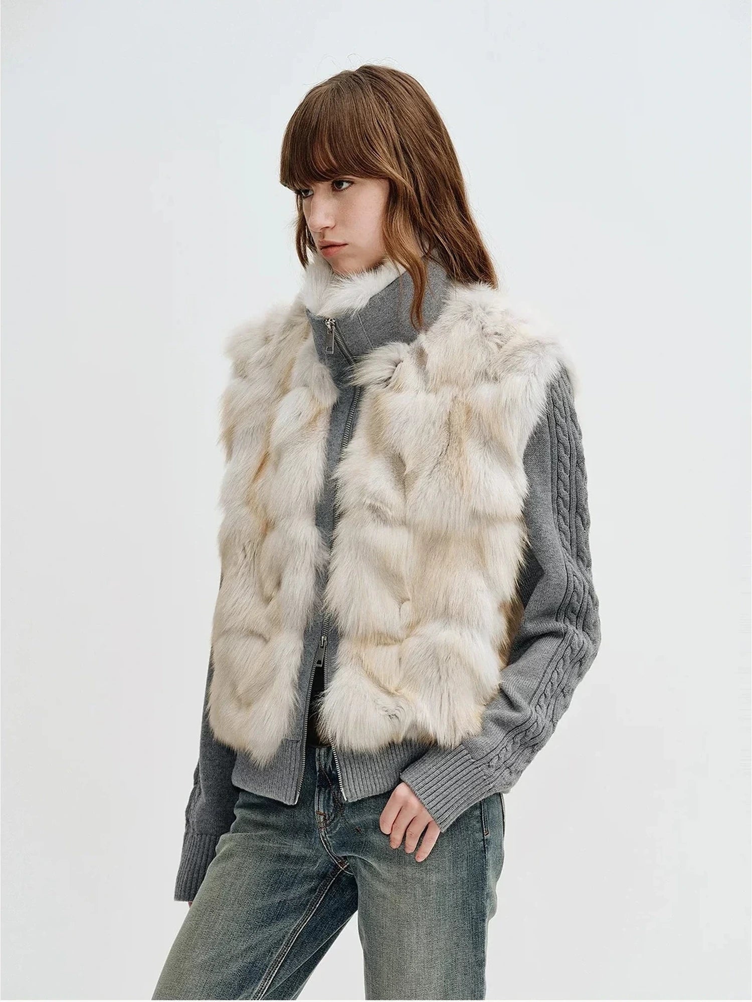 Light Gray Gold Saga fox fur jacket with gray wool-knit removable sleeves