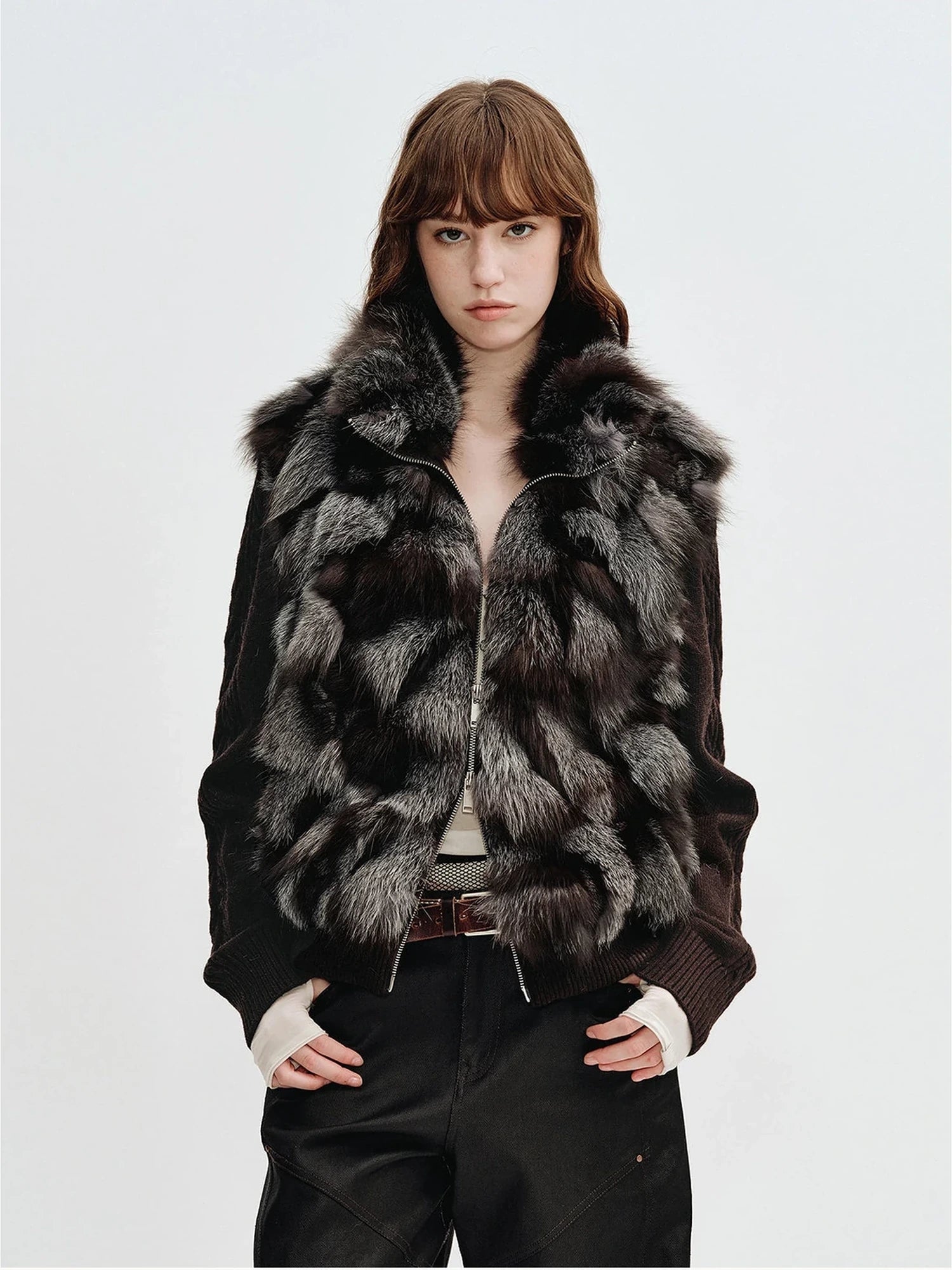 Misty Ravine Brown Saga fox fur jacket with removable wool-knit sleeves