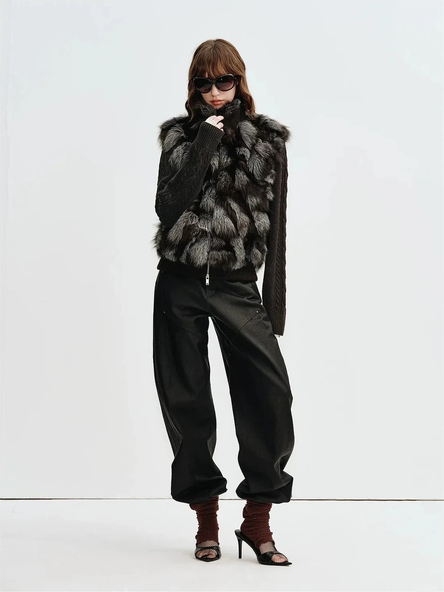 Misty Ravine Brown Saga fox fur jacket with dark wool-knit removable sleeves
