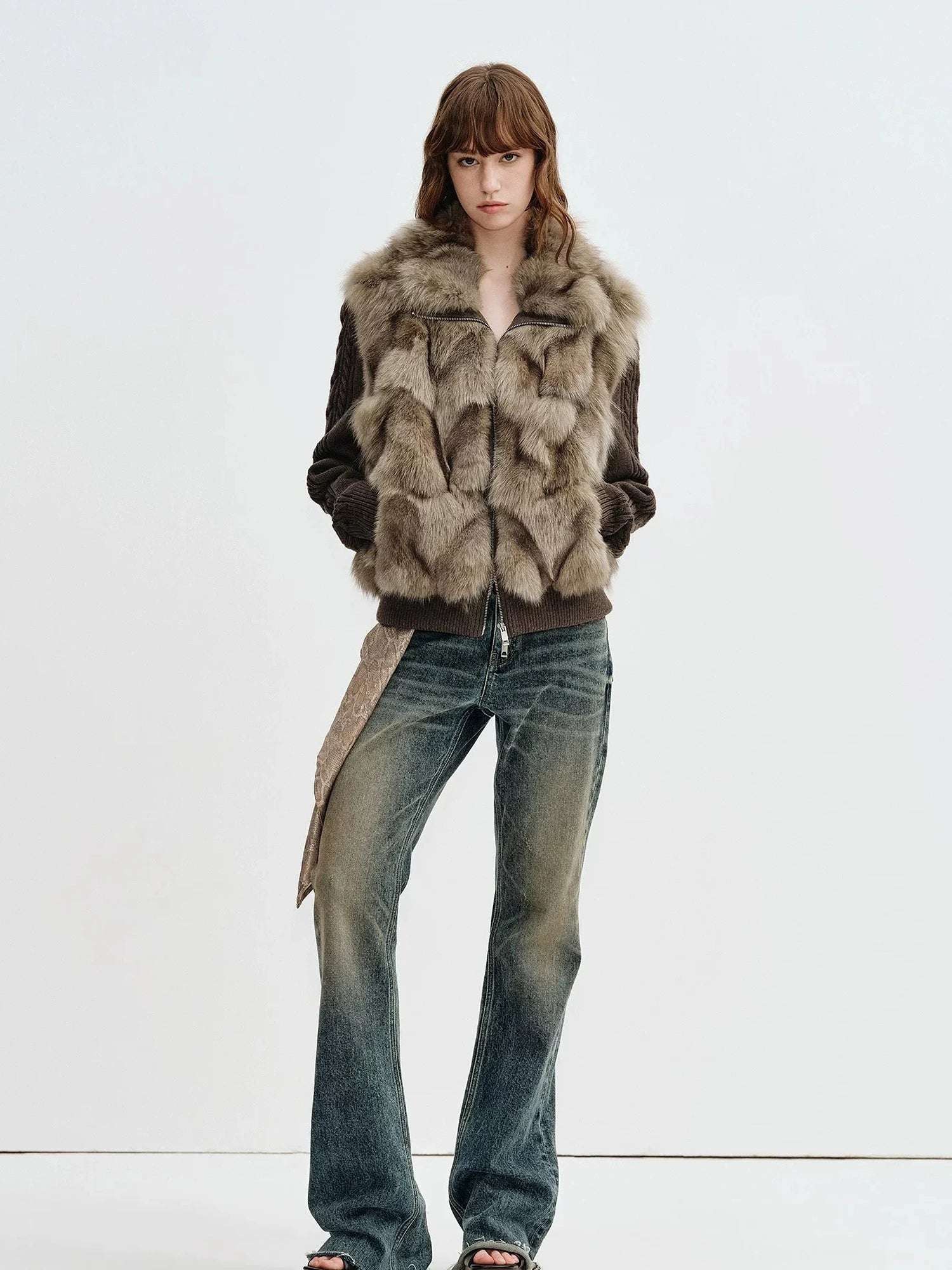 Moss Rock Brown Saga fox fur jacket styled with denim for winter layering