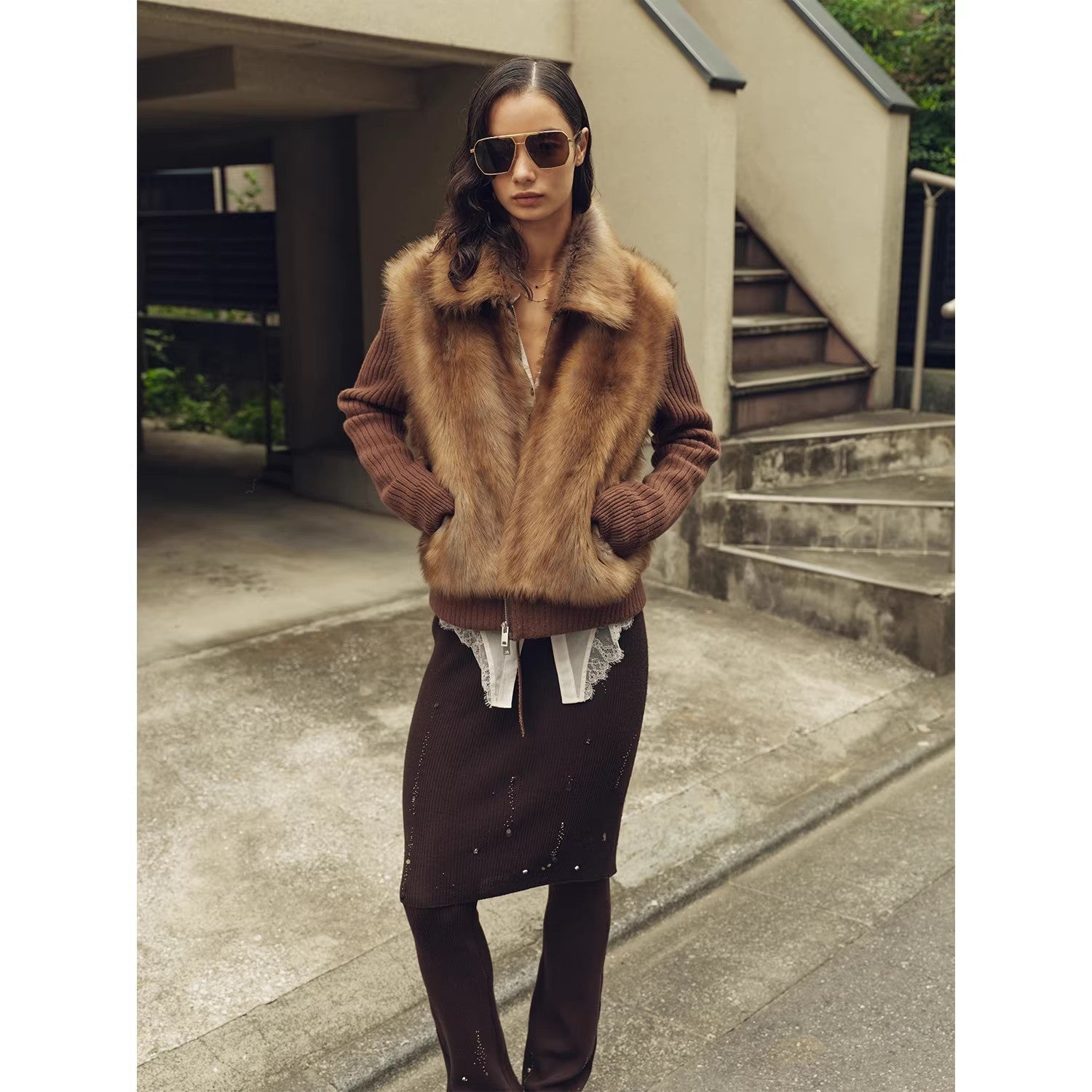 Firelady Fur Shearling Coat with Detachable Sleeves "Silky Cocoa"