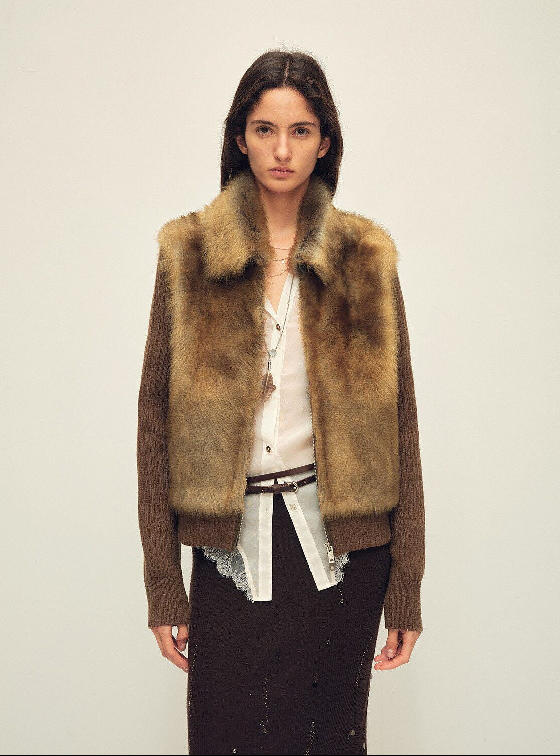 Firelady Fur Shearling Coat with Detachable Sleeves "Silky Cocoa"