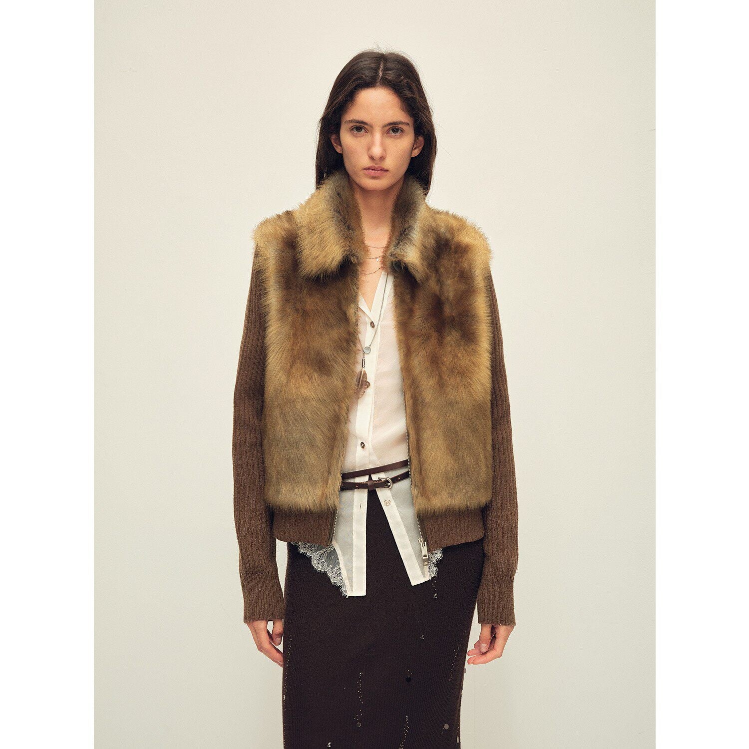 Firelady Fur Shearling Coat with Detachable Sleeves "Silky Cocoa"