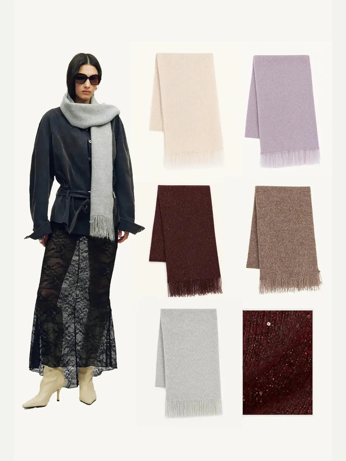 Firelady Fur shimmer Merino wool and cashmere fringe scarf color collection for women