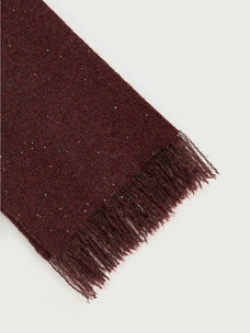 Reddish-brown Firelady Fur shimmer fringe scarf fabric and fringe detail