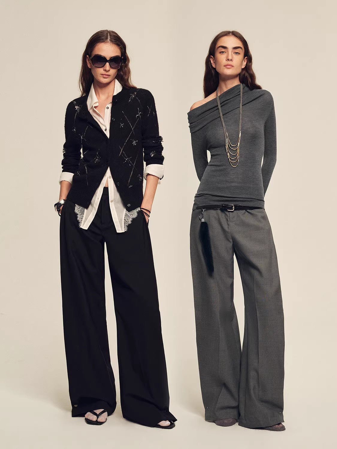 Firelady Fur Textured Fine Wool Four - Button Wide - Leg Trousers"Urban Film ” - variant_title