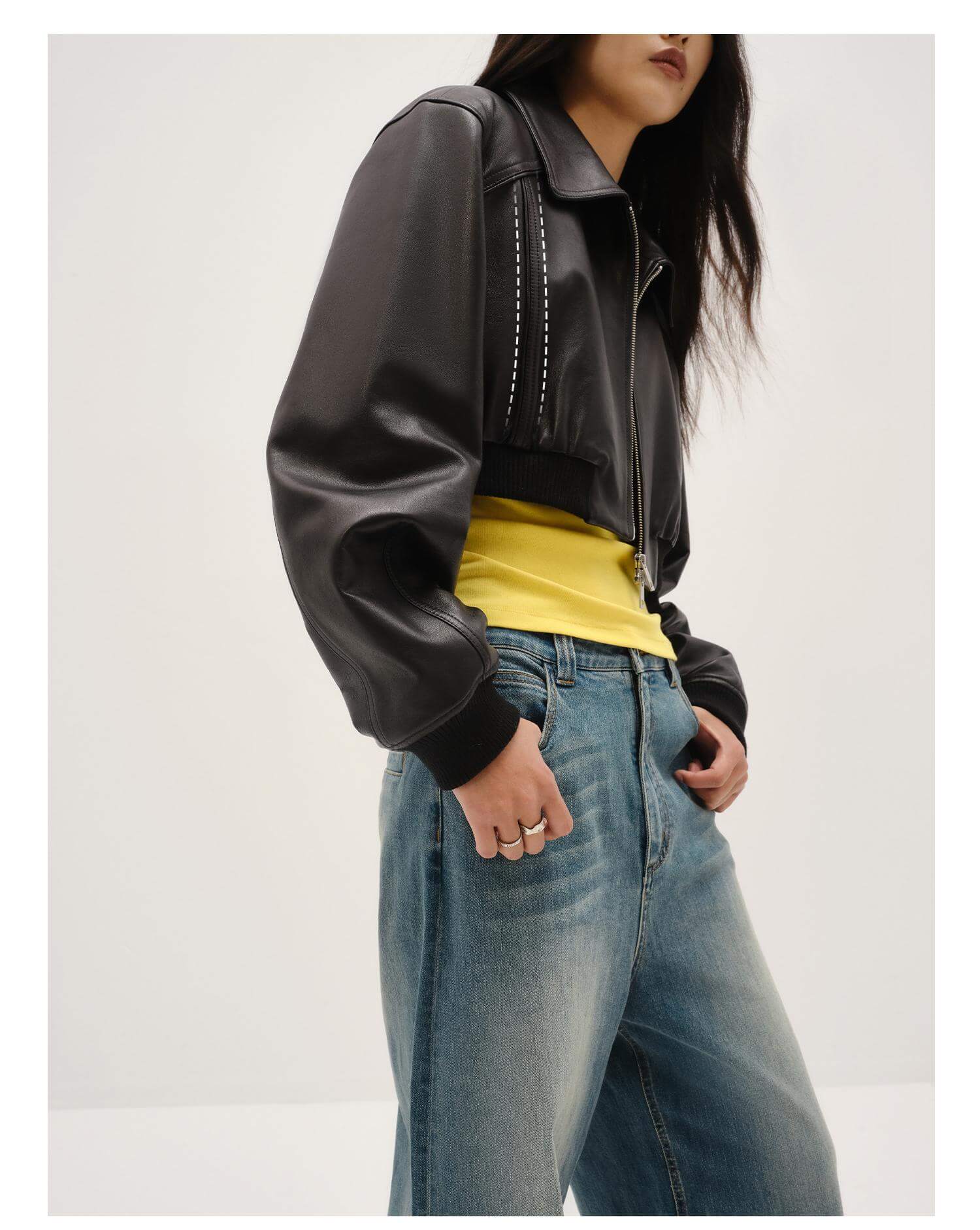Firelady Fur Vintage Washed Leather Bomber Jacket | Versatile Stand - Collar Design "Witch Game"Firelady Fur