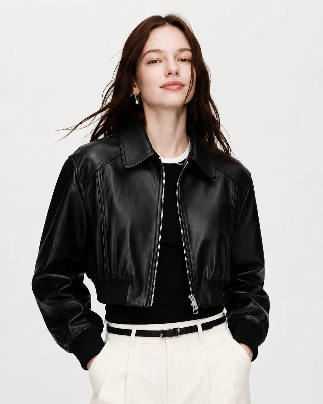 Firelady Fur Vintage Washed Leather Bomber Jacket | Versatile Stand - Collar Design "Witch Game"Firelady Fur