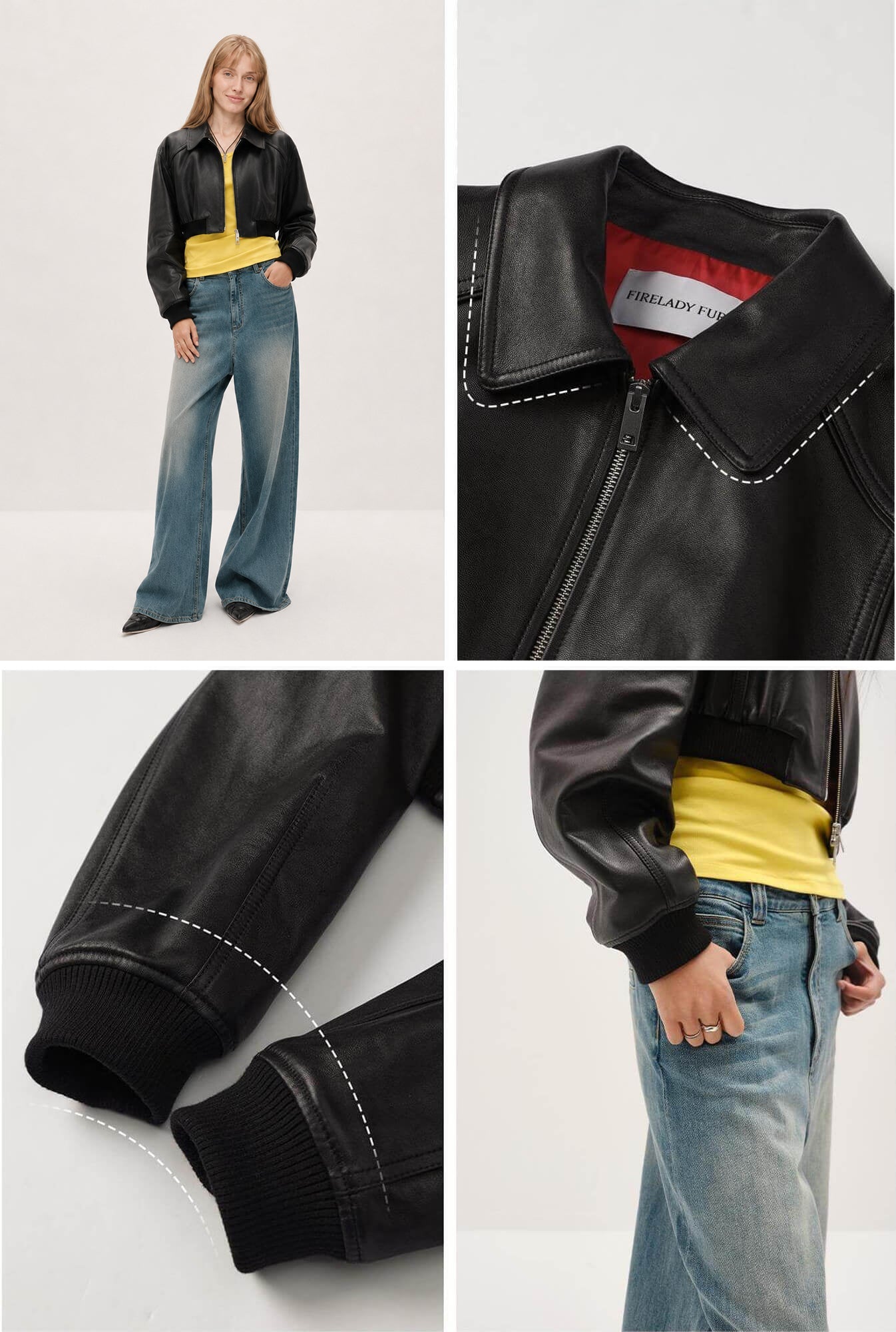 Firelady Fur Vintage Washed Leather Bomber Jacket | Versatile Stand - Collar Design "Witch Game"Firelady Fur