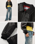 Firelady Fur Vintage Washed Leather Bomber Jacket | Versatile Stand - Collar Design "Witch Game"Firelady Fur