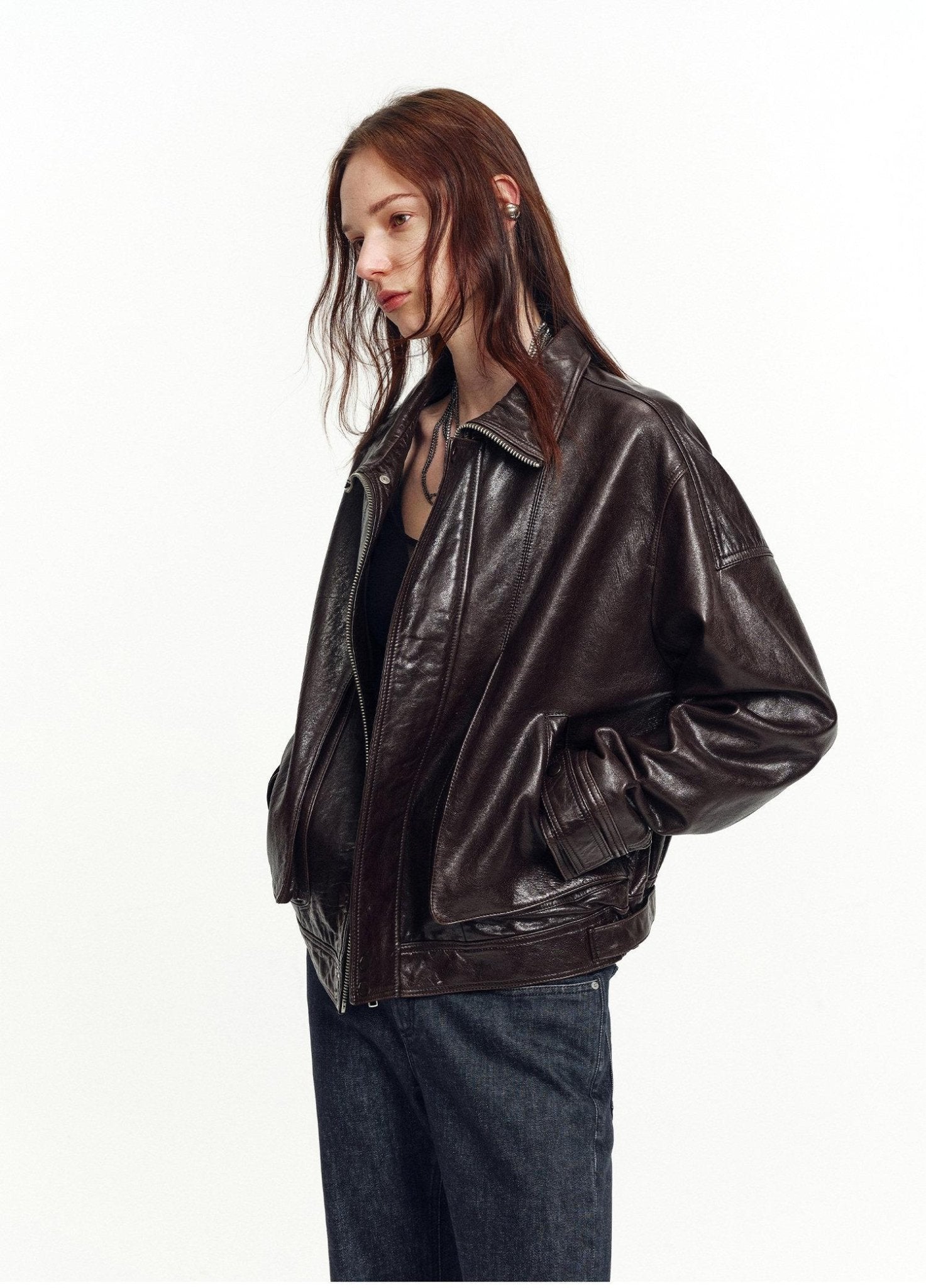 Firelady Fur Vintage Waxed Sheepskin Oversized Stand Collar Leather Jacket "Flight Notes"