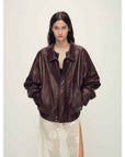 Firelady Fur Vintage Waxed Sheepskin Oversized Stand Collar Leather Jacket "Flight Notes" - variant_title