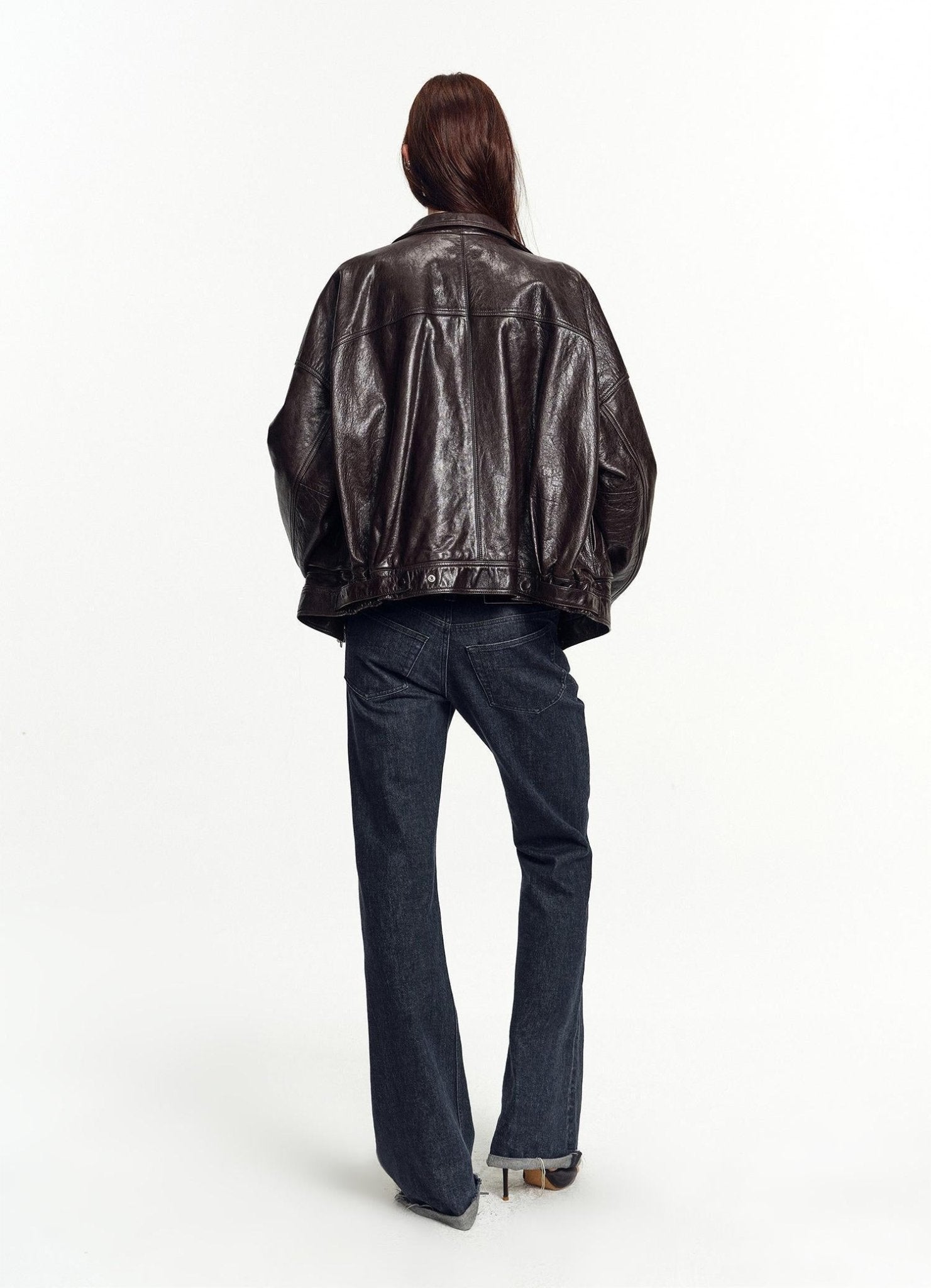Firelady Fur Vintage Waxed Sheepskin Oversized Stand Collar Leather Jacket "Flight Notes"