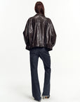 Firelady Fur Vintage Waxed Sheepskin Oversized Stand Collar Leather Jacket "Flight Notes"