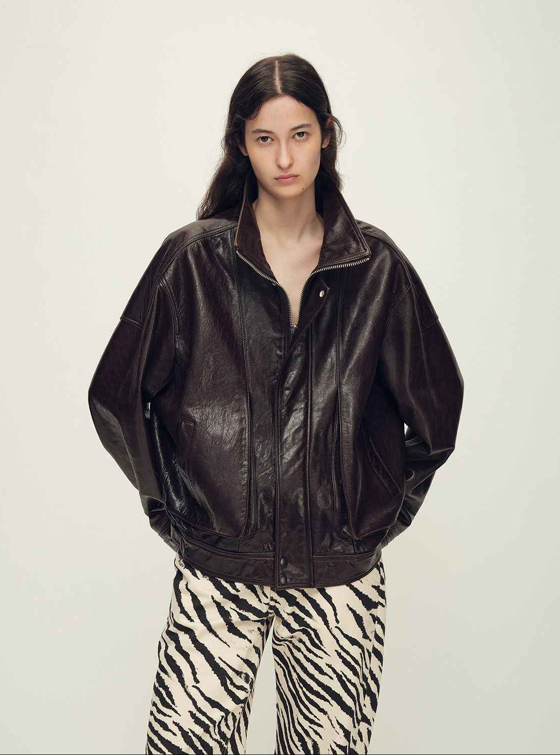 Firelady Fur Vintage Waxed Sheepskin Oversized Stand Collar Leather Jacket "Flight Notes" - variant_title