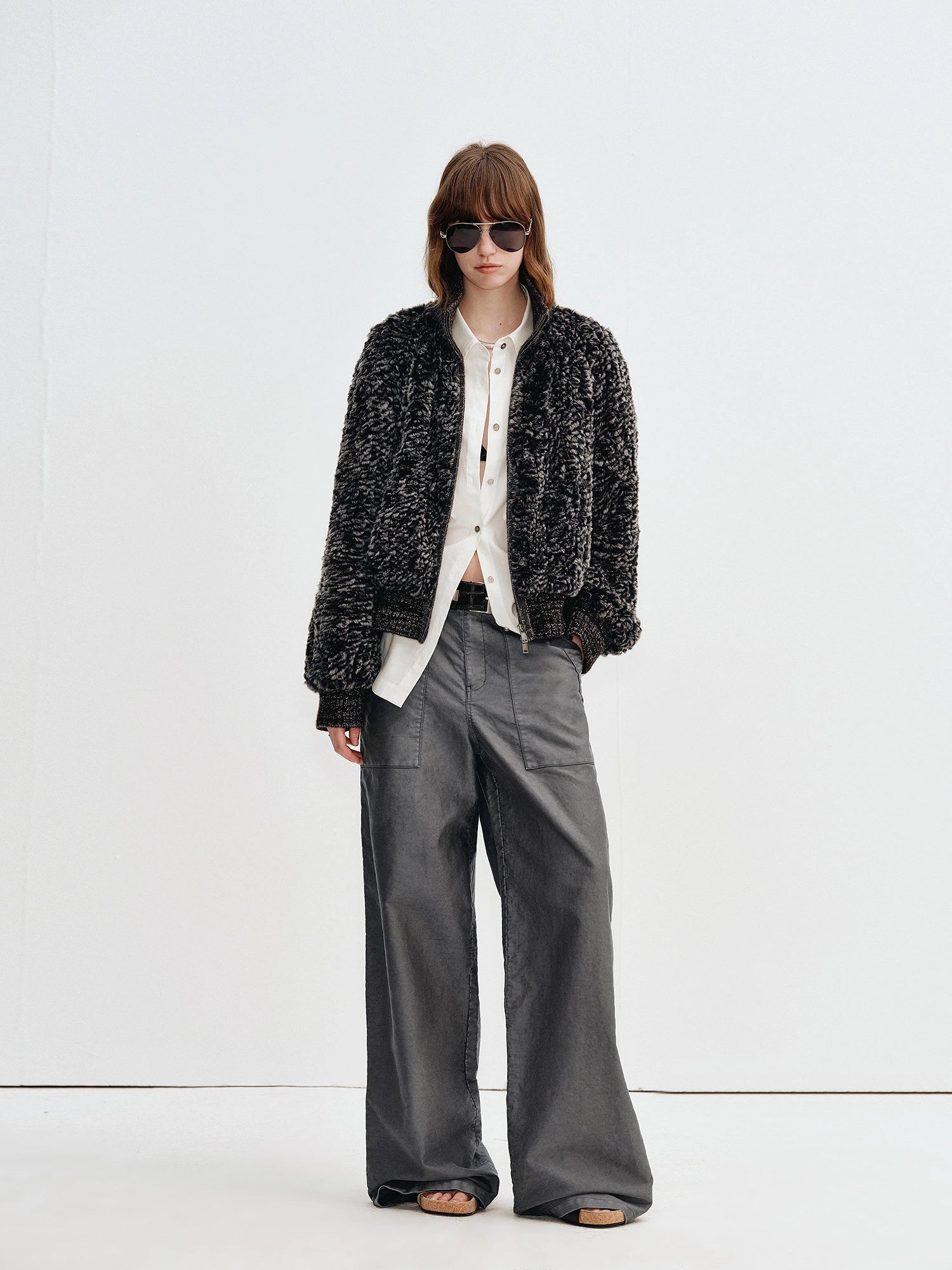 Model wearing Firelady Fur William Cream Frost rabbit fur knit jacket in Cloud White Black full length