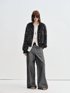 Model wearing Firelady Fur William Cream Frost rabbit fur knit jacket in Cloud White Black full length