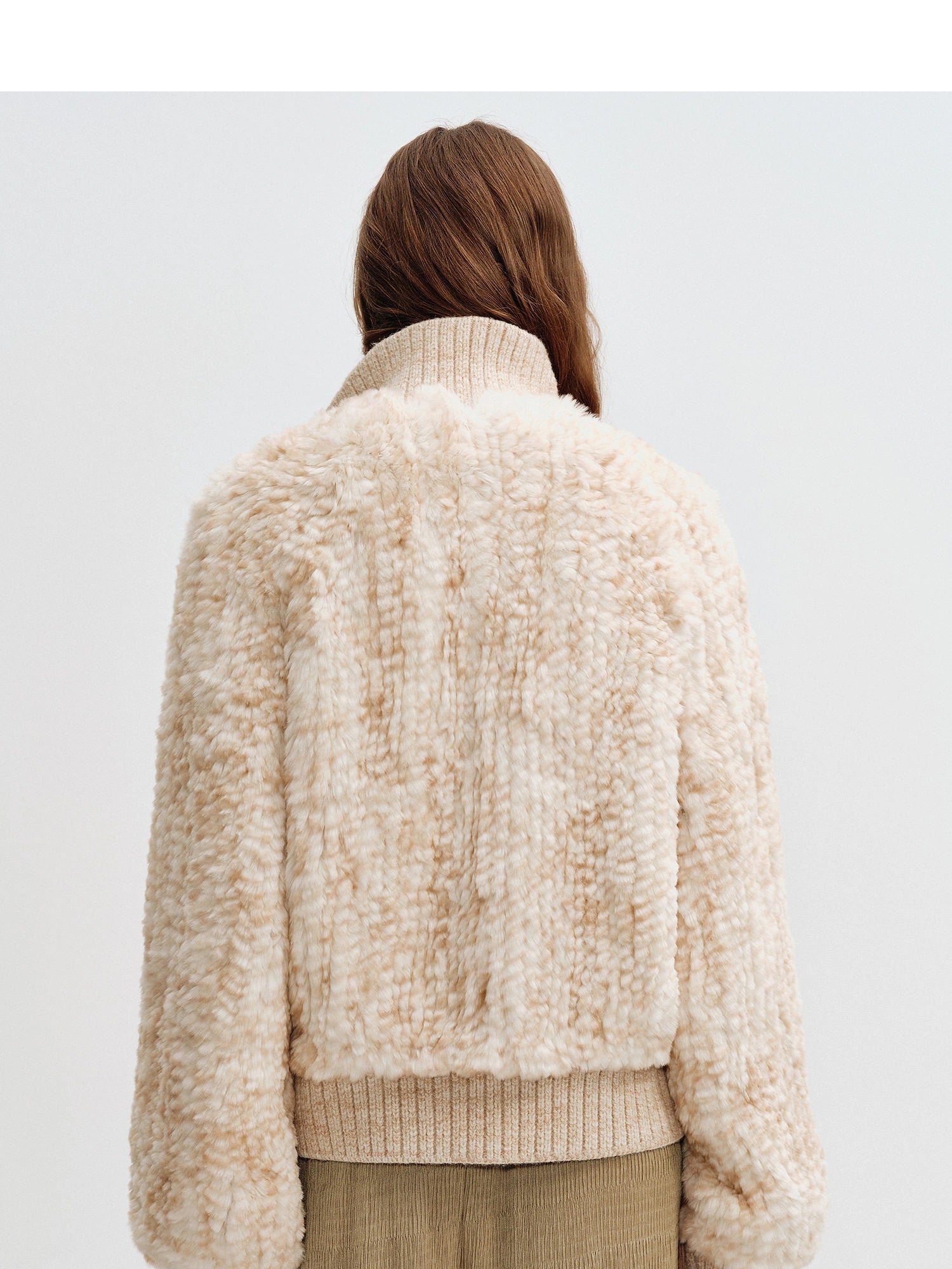 Back view of Firelady Fur William Cream Frost Cream Apricot rex rabbit fur knit jacket