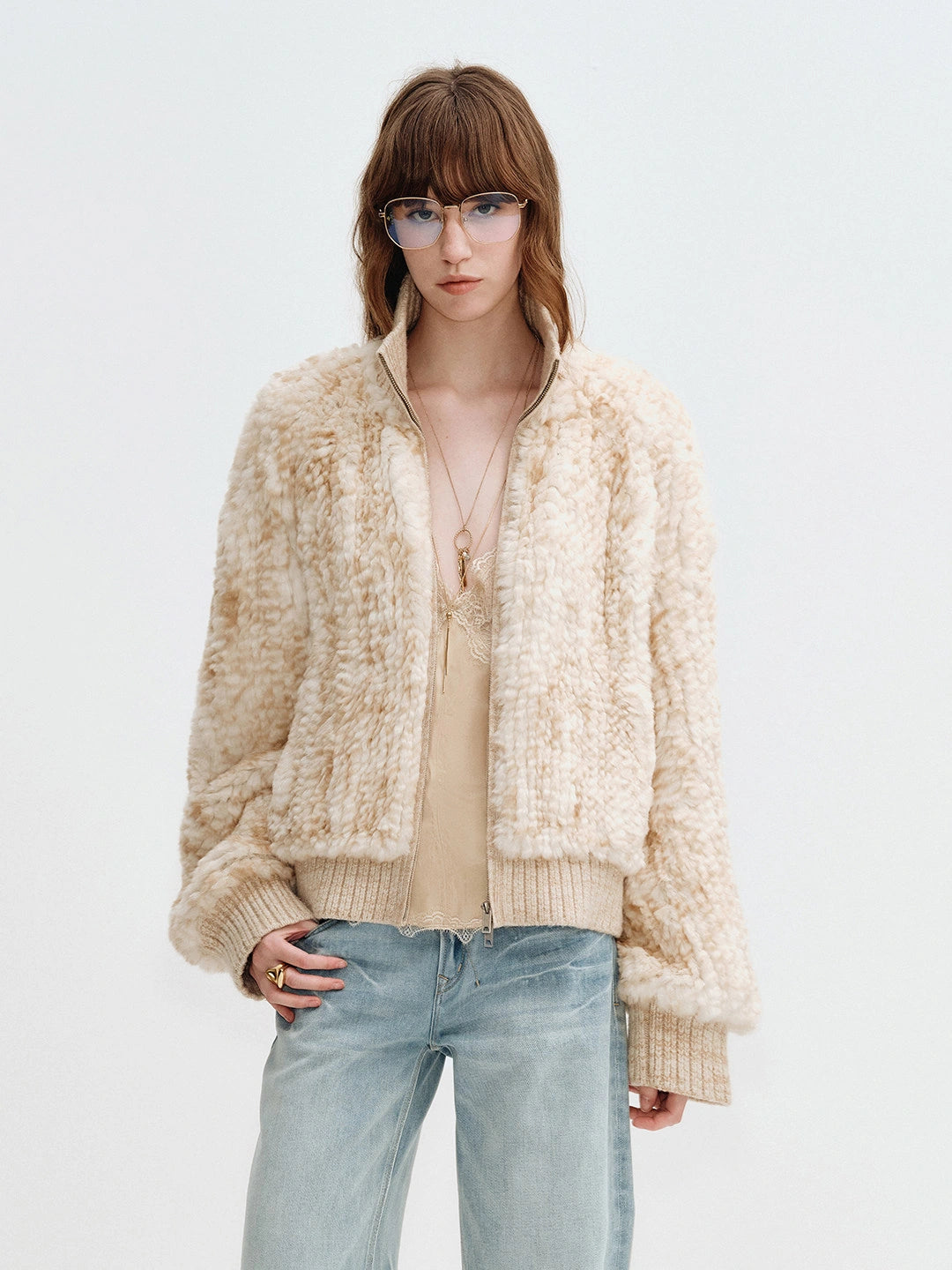Firelady Fur William Cream Frost rex rabbit fur knit jacket in Cream Apricot front view