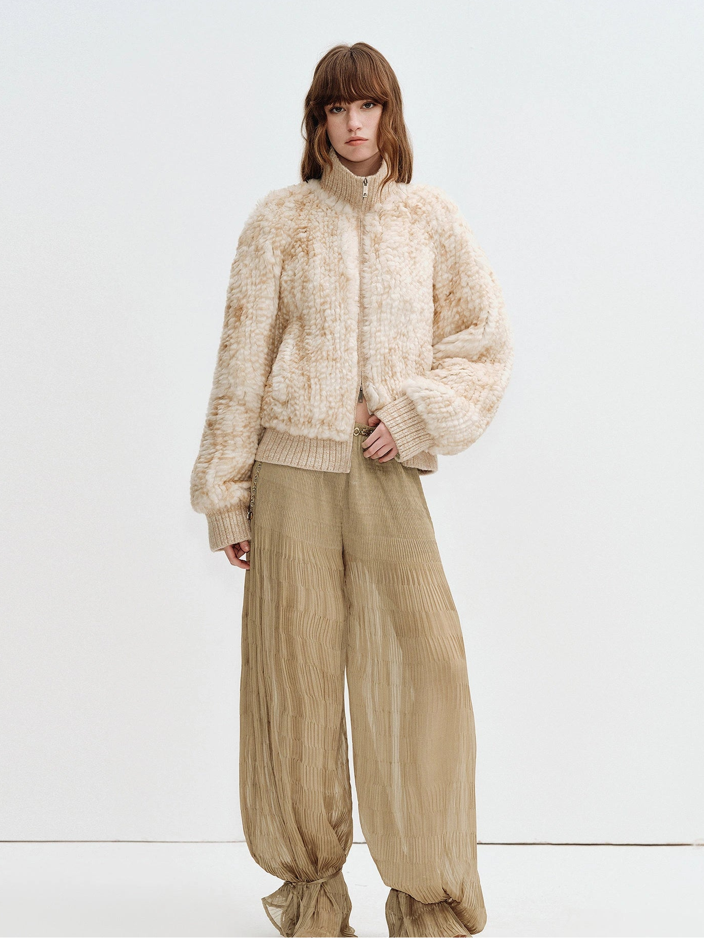 Firelady Fur William Cream Frost Cream Apricot rabbit fur knit jacket styled front outfit