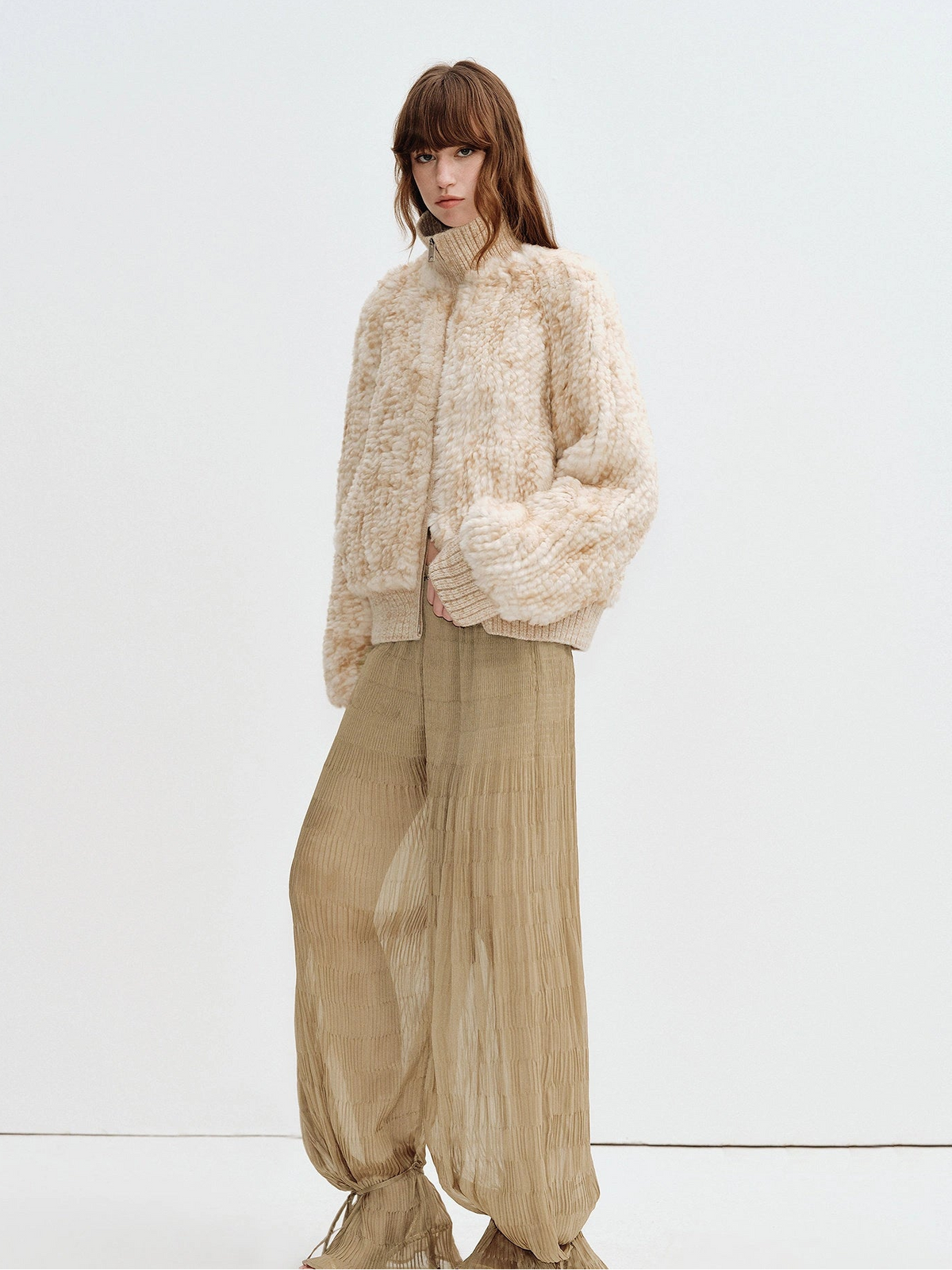 Side view of Firelady Fur William Cream Frost Cream Apricot rabbit fur knit jacket