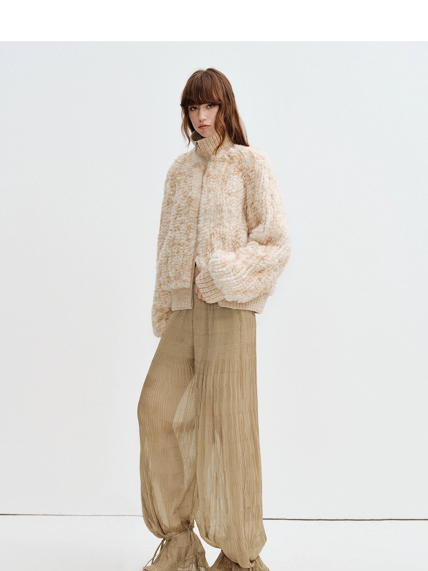Side view of Firelady Fur William Cream Frost Cream Apricot rabbit fur knit jacket