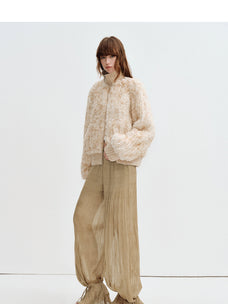 Side view of Firelady Fur William Cream Frost Cream Apricot rabbit fur knit jacket