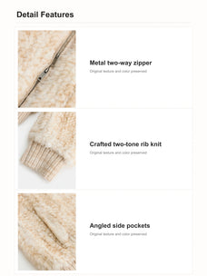 Firelady Fur William Cream Frost rabbit fur knit jacket details showing two-way zipper rib knit cuffs and side pockets