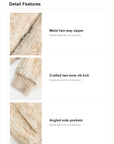 Firelady Fur William Cream Frost rabbit fur knit jacket details showing two-way zipper rib knit cuffs and side pockets