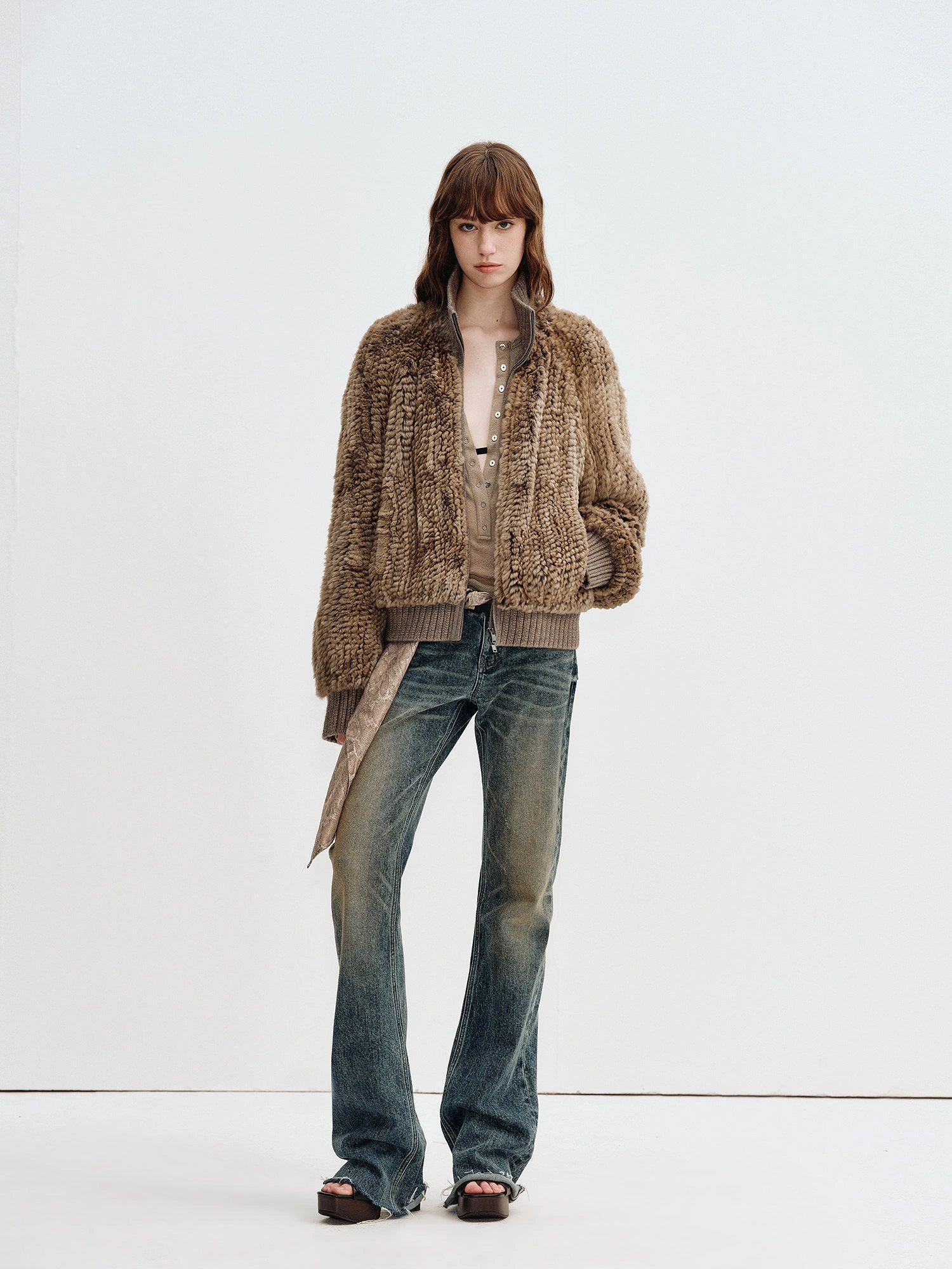 Model wearing Firelady Fur William Cream Frost rabbit fur knit jacket in Mist Gray Amber full length